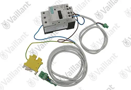 Vaillant Motorschutzschalter mit Anschlusskabel und Stecker, auf einer neutralen Oberfläche platziert.